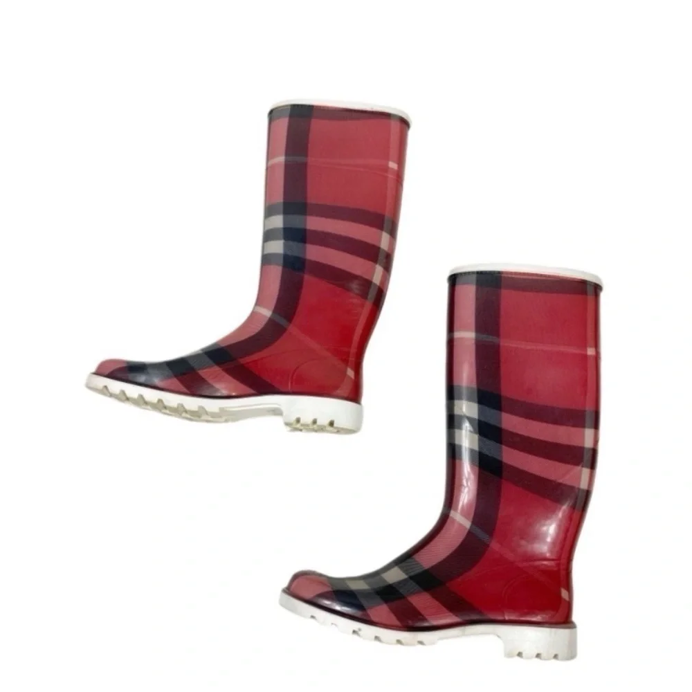 BURBERRY Check Rain Boots Red